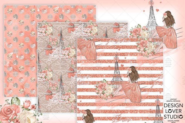 食物元素水彩花卉剪贴画设计套装 Paris je t’aime digital paper pack插图(4)