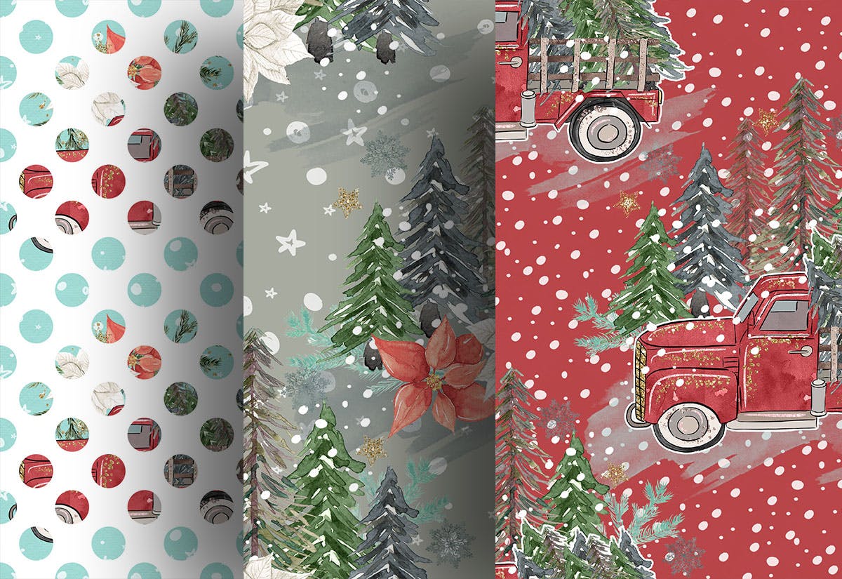 圣诞节礼物卡车数码纸张背景素材 Christmas Car digital paper pack插图(2)