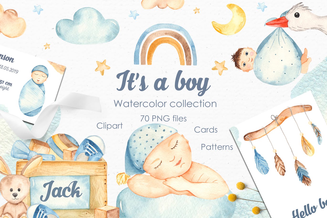 男新生儿婴儿水彩手绘矢量剪贴画/卡片/无缝图案背景素材 It’s a boy watercolor clipart, cards, patterns插图