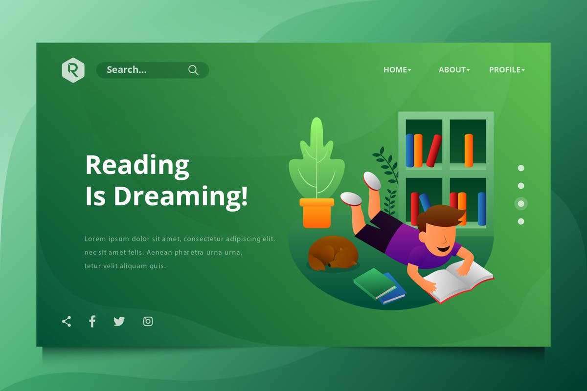 阅读场景矢量插画网站着陆页模板 Reading The Book Web Header Vector Template插图