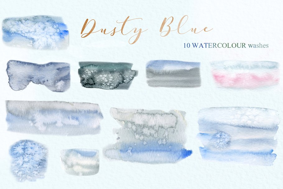 灰蓝色&金色水彩花卉图案 Dusty blue gold. Watercolor floral插图(10)