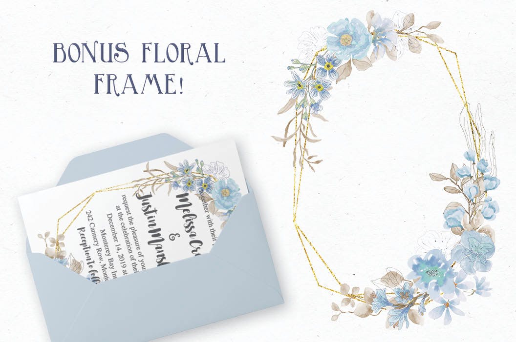 粉蓝色水彩花环剪贴画素材库精选PNG素材 Powder Blue Watercolor Wreaths插图(4)