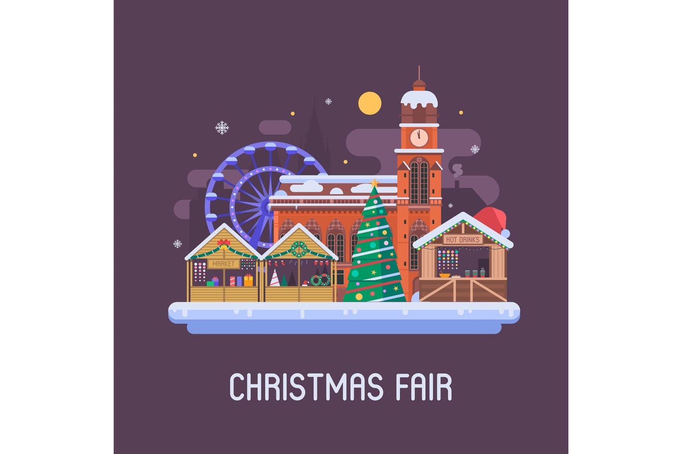欧洲圣诞集市夜景场景插画 Europe Christmas Fair Night Scene插图