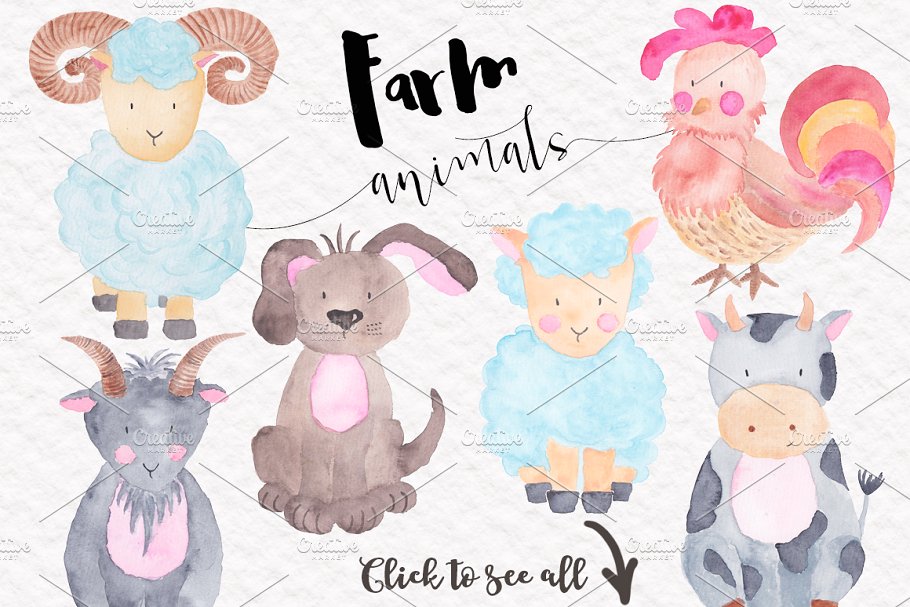 农场牧场动物水彩插画套件 Farm Animals Big Watercolor Set插图(1)