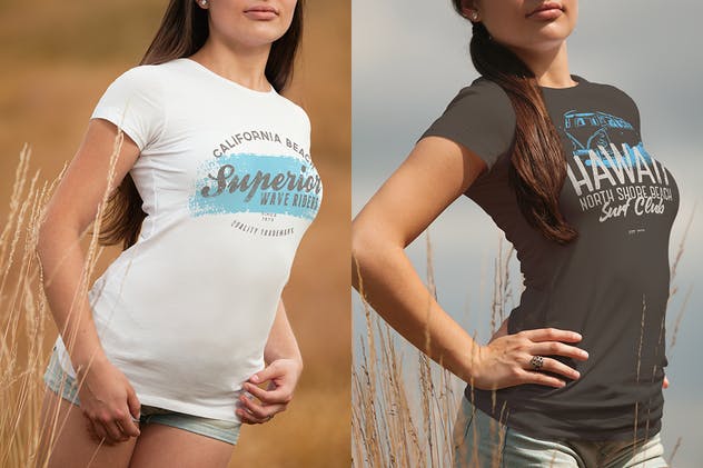 女性时尚圆领印花T恤服装样机 Crew Neck T-shirt Mock-up Female Version插图(3)