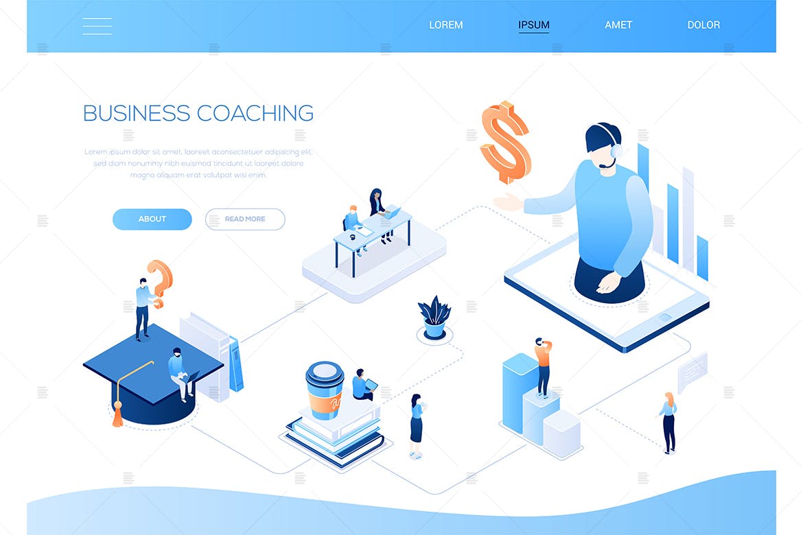 商业指导主题网站设计彩色等距素材库精选概念插画 Business coaching – colorful isometric web banner插图(1)