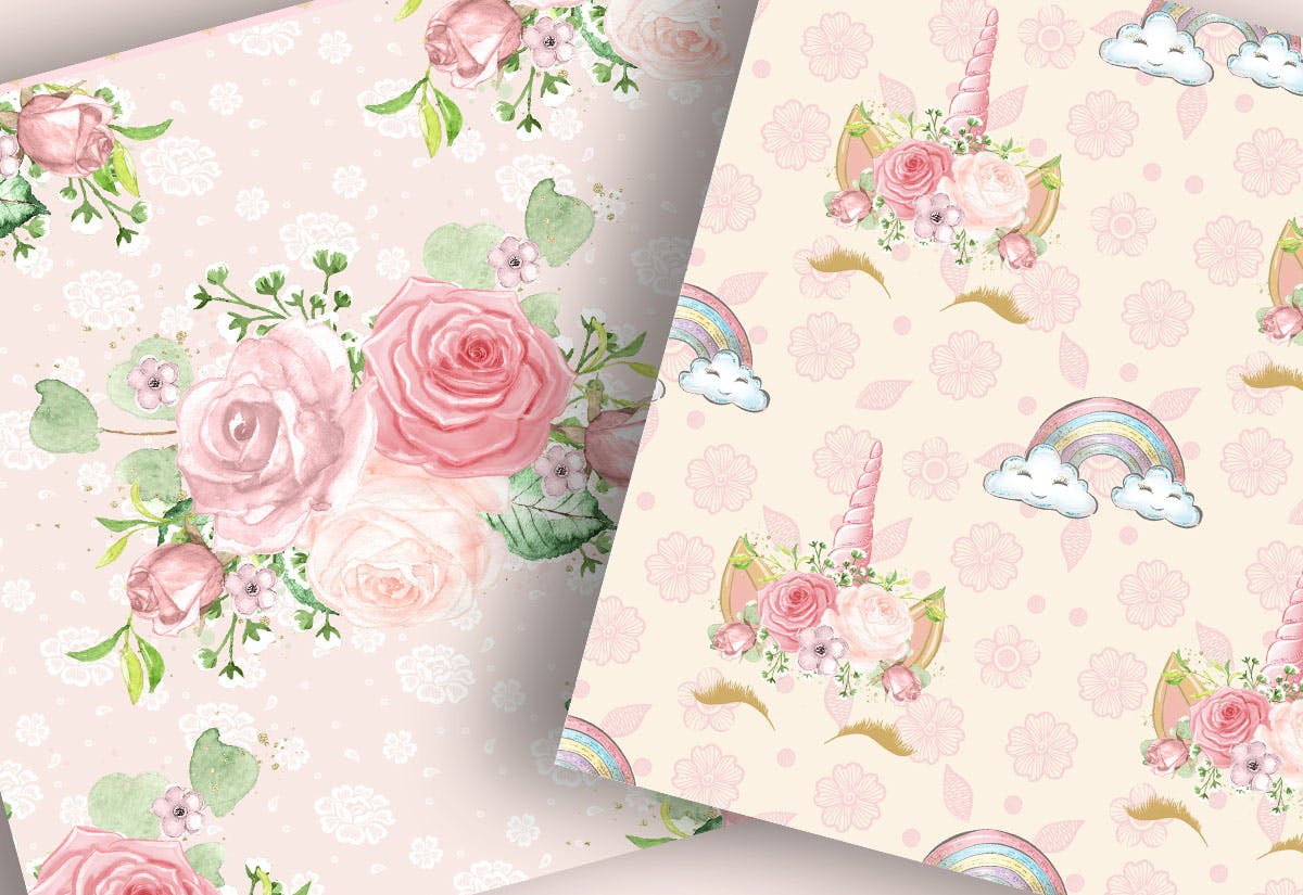 独角兽花卉图案数码纸张背景素材 Unicorn Faces Floral digital paper pack插图(3)