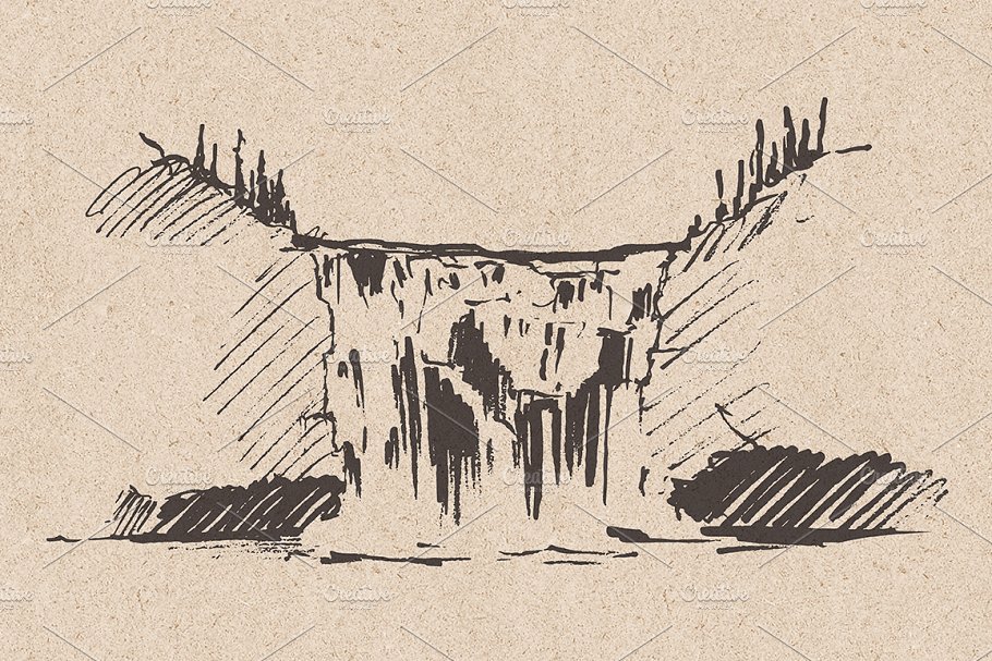 美丽瀑布素描矢量图形 Beautiful waterfalls, sketch style插图(1)