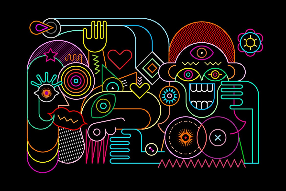 创意彩色线条艺术闺中密友矢量插画素材 Surprised Woman with Her Crazy Friends vector art插图