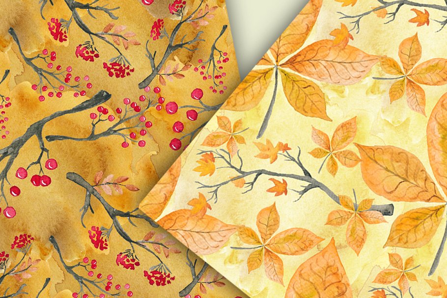 秋天落叶水彩图形剪贴画 Fall Watercolor Digital Paper Pack插图(1)