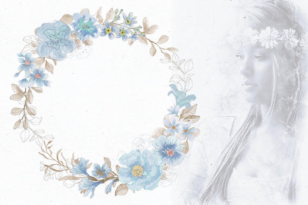 粉蓝色水彩花环剪贴画素材库精选PNG素材 Powder Blue Watercolor Wreaths插图(3)