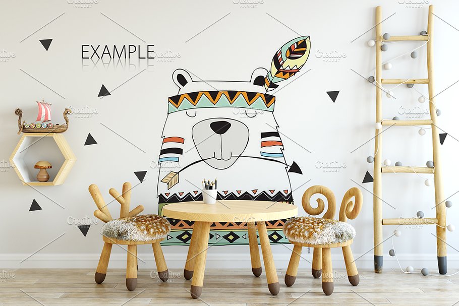 儿童主题卧室墙纸设计&相框样机 Interior KIDS WALL & FRAMES Mockup 2插图(11)