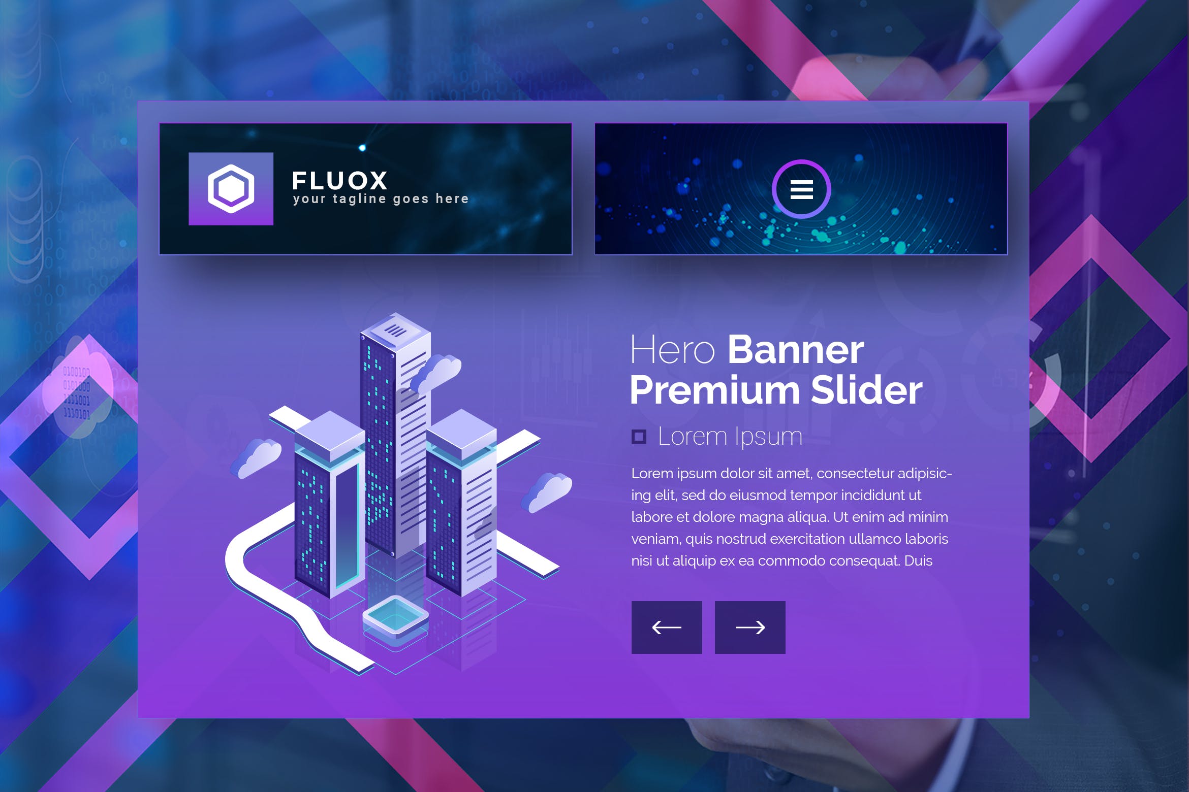 智能办公大楼主题插画网站着陆页设计素材库精选模板 Fluox – Hero Banner Landing Page Template插图