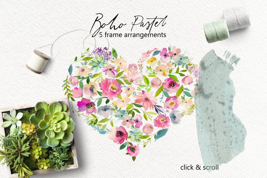 波希米亚式水粉花卉素材集 Boho Pastel Watercolor Flowers Set插图(5)