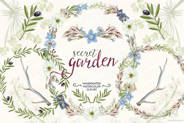 橄榄枝&野花花环水彩插画 Watercolor wildflowers wreaths olive插图