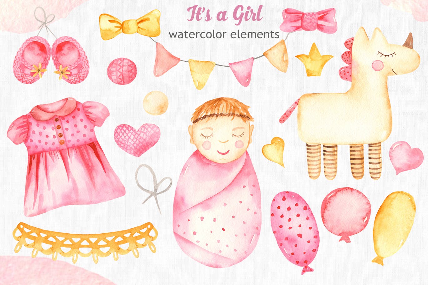 女新生儿婴儿水彩手绘矢量剪贴画/卡片/无缝图案背景素材 It’s a girl watercolor clipart, cards, patterns插图(3)