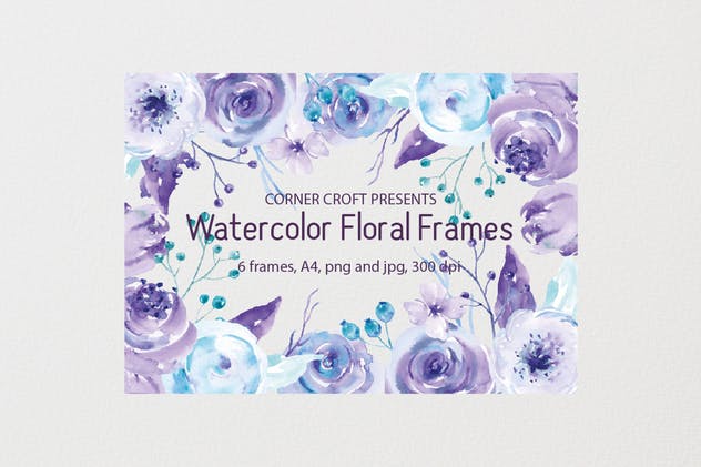 蓝色&紫色水彩花卉框架插画 Watercolor Floral Frame Blue and Purple插图(7)