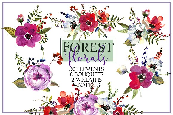 粉色紫罗兰色水彩花卉素材集 Watercolor Pink Purple Florals Set插图