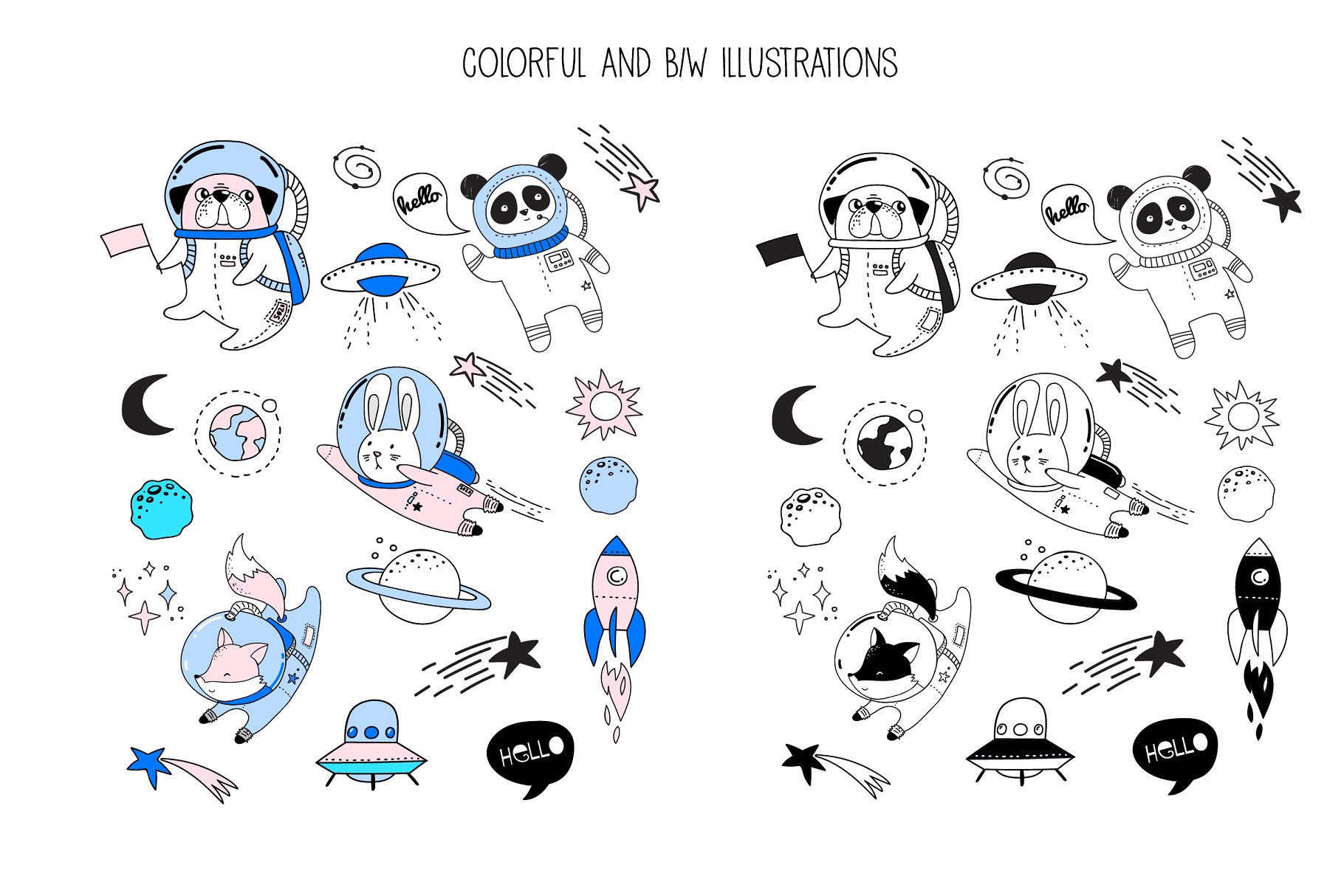 简洁干净的太空人物插图集 Cute Space animals characters set插图(1)