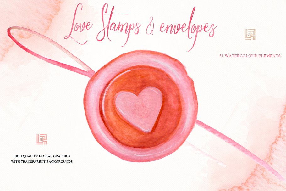 浪漫而温柔的爱情心形元素印章插画 Love stamps envelopes hearts clipart插图(4)