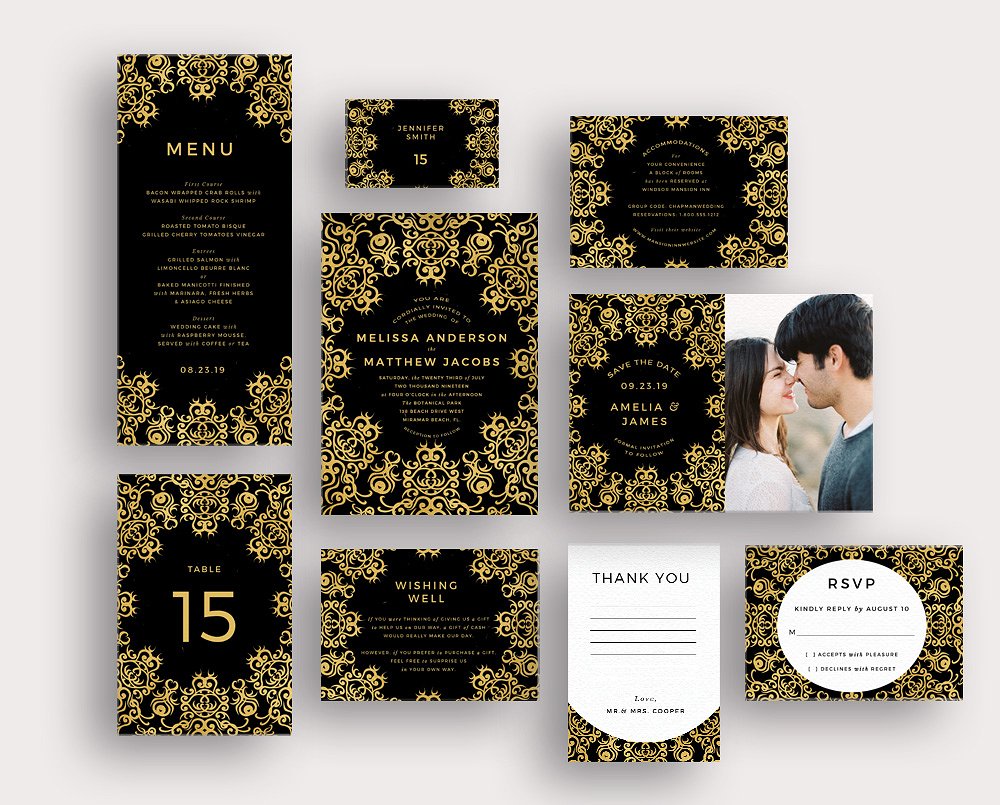 黑金装饰风格婚礼邀请函模板 Gold Ornate on Black插图