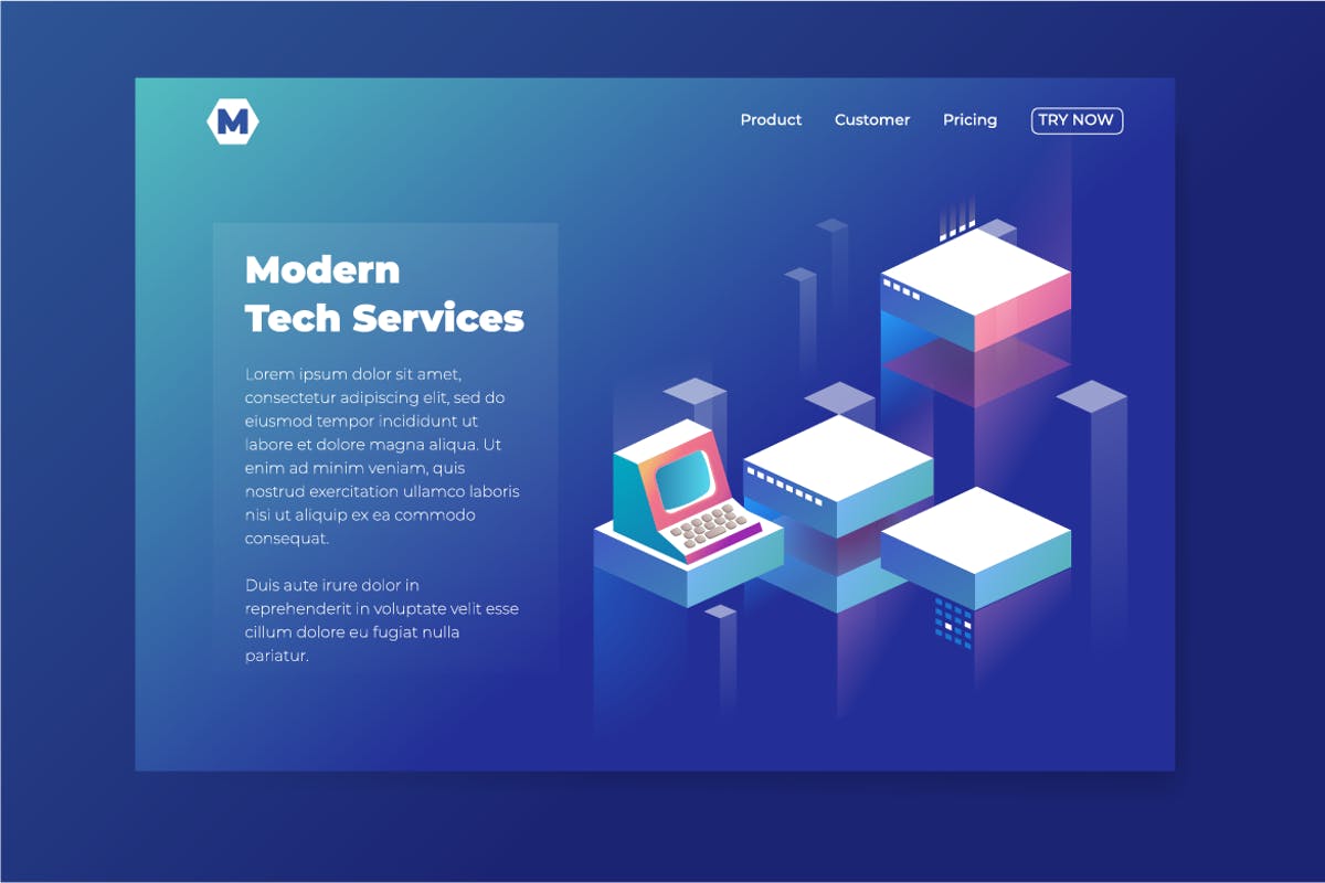 现代信息技术服务概念插画着陆页UI模板 Tech Theme isometric landing page for company webs插图