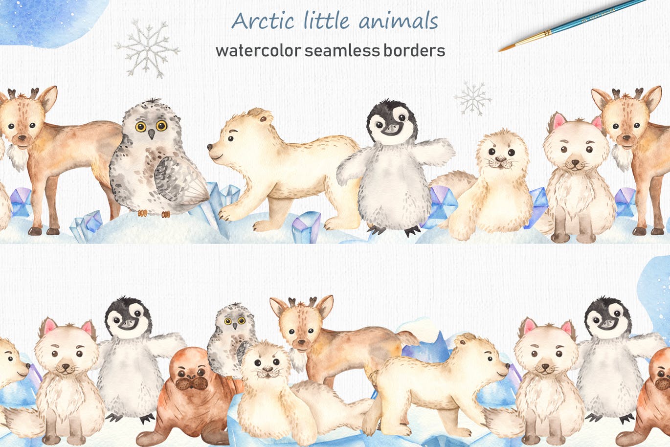 北极小动物水彩手绘剪贴画&卡片素材 Watercolor Arctic little animals Clipart cards插图(3)