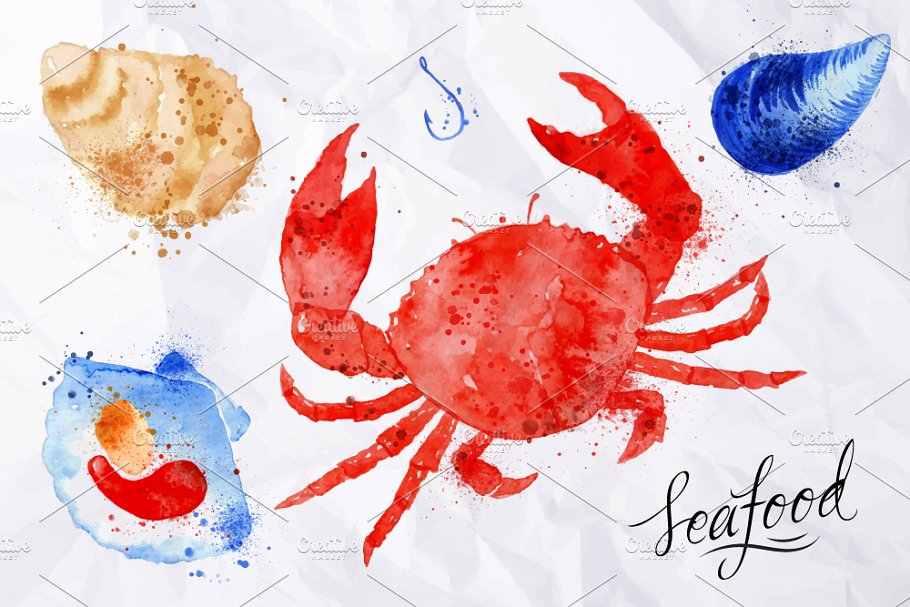 海鲜水彩矢量图形素材集 Set Seafood插图(2)