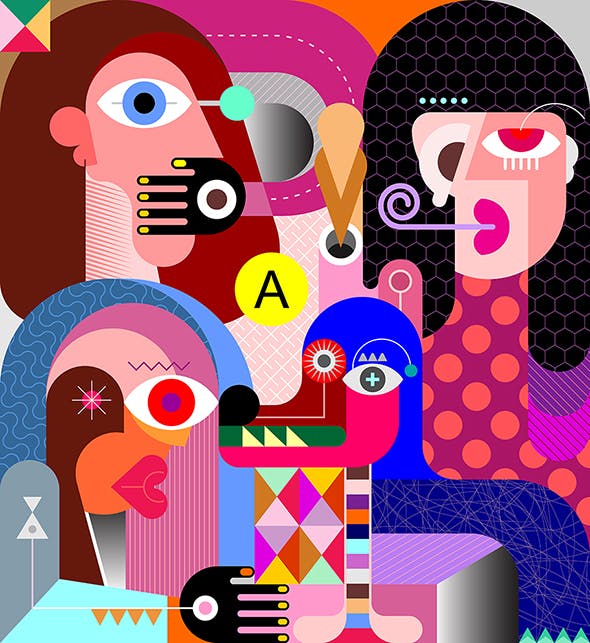 妇女与宠物抽象矢量插画素材库精选素材 Three Women And A Dog vector illustration插图(1)