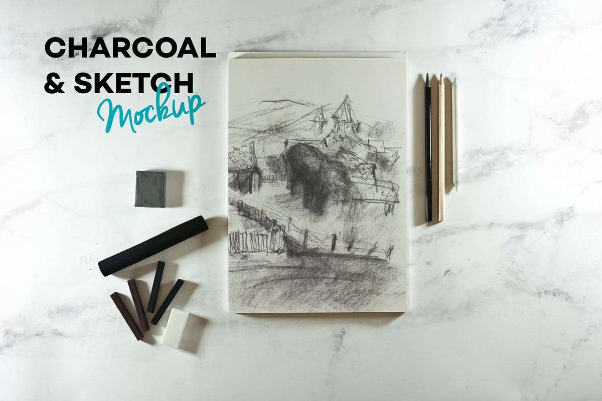 木炭笔&素描本艺术品展示样机 Charcoal & Sketch Mockup插图