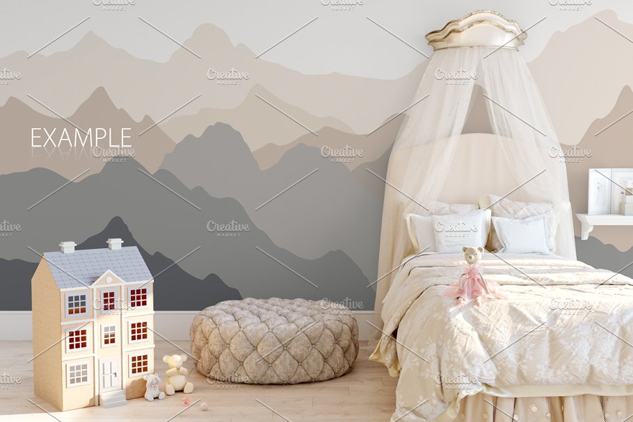 儿童主题室内墙纸设计展示和相框画框样机 Kids Interior Wall & Frames Mockup 1插图(8)