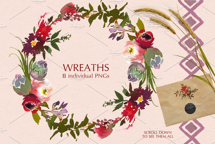 波尔多水彩花卉艺术设计素材 Bordo Watercolor Floral Clip Art Set插图(2)