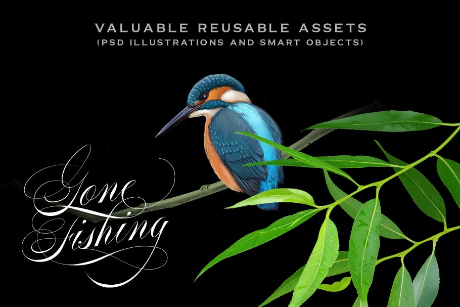 A4规格手绘翠鸟海报设计模板 Kingfisher Portrait A4 psd Poster插图(2)