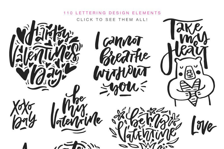 110个手写风格情人节浪漫祝福语插画 Valentine’s Day Lettering Pack插图(3)