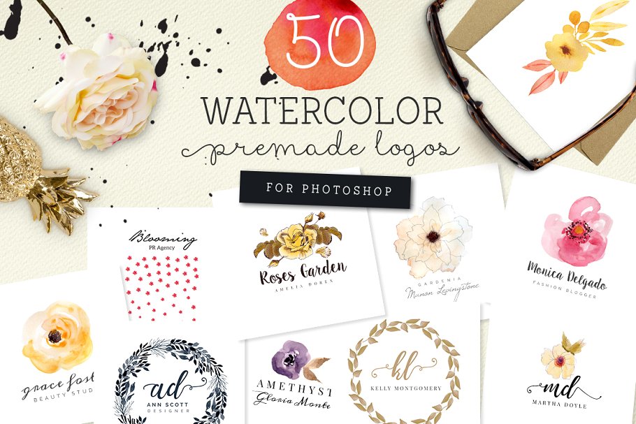 50枚预设水彩风格Logo模板 50 Premade Watercolor Logos插图