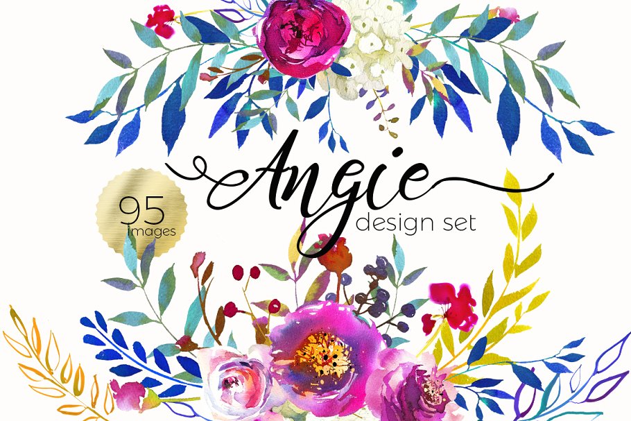 靛蓝粉红水彩花卉剪贴画 Indigo Pink Teal Watercolor Florals插图