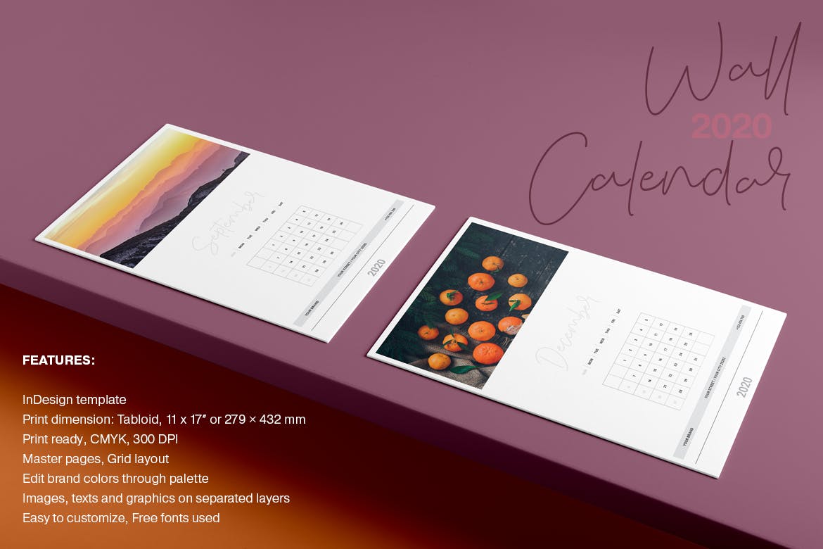 2020年风景照片挂墙活页日历设计模板 Wall Calendar 2020 Layout插图(7)