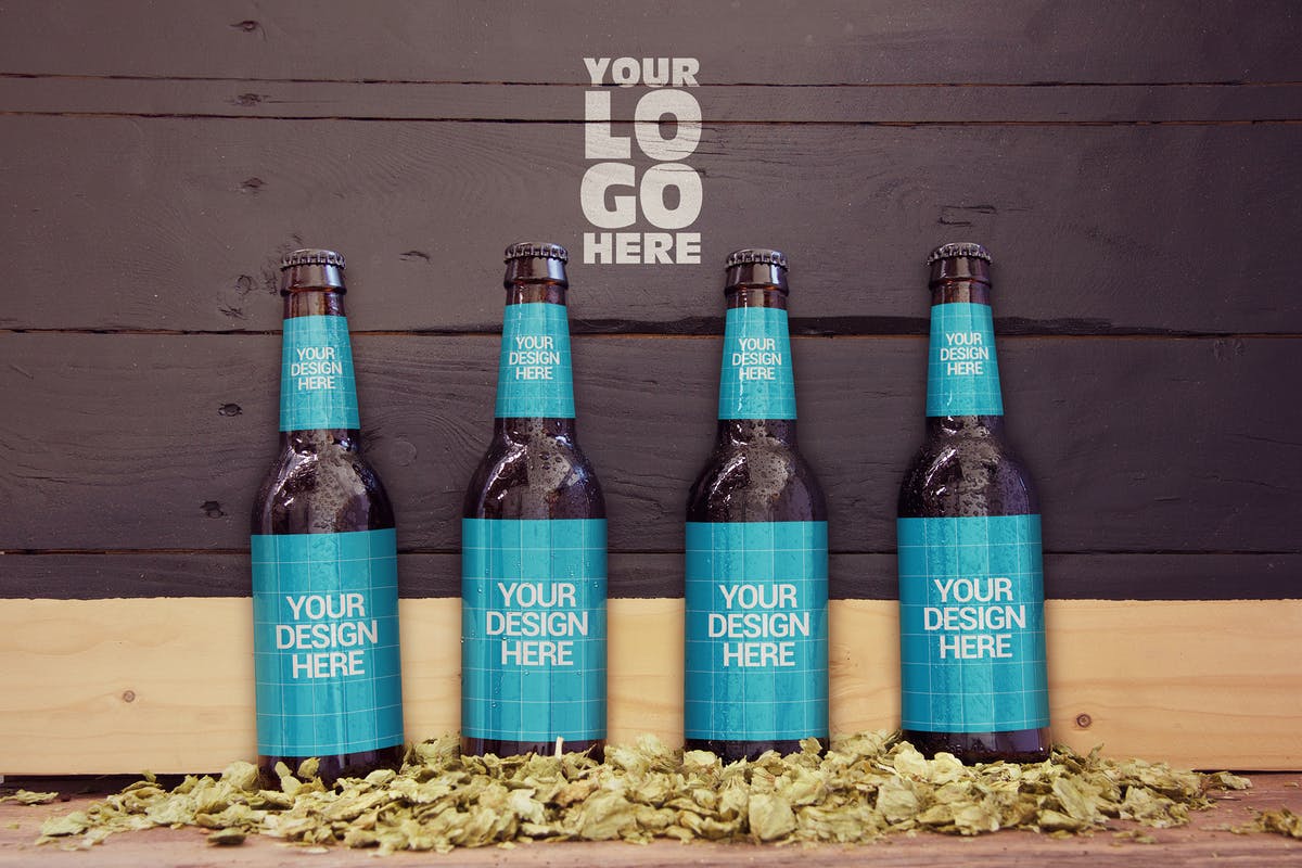 木墙场景啤酒瓶外包装设计样机模板 Wood Wall Malt Ingredient 4 in 1插图