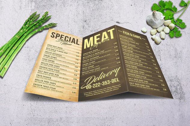 80年代复古三折页西餐厅菜单模板 80’s Retro Trifold A4 & US Letter Menu插图(2)