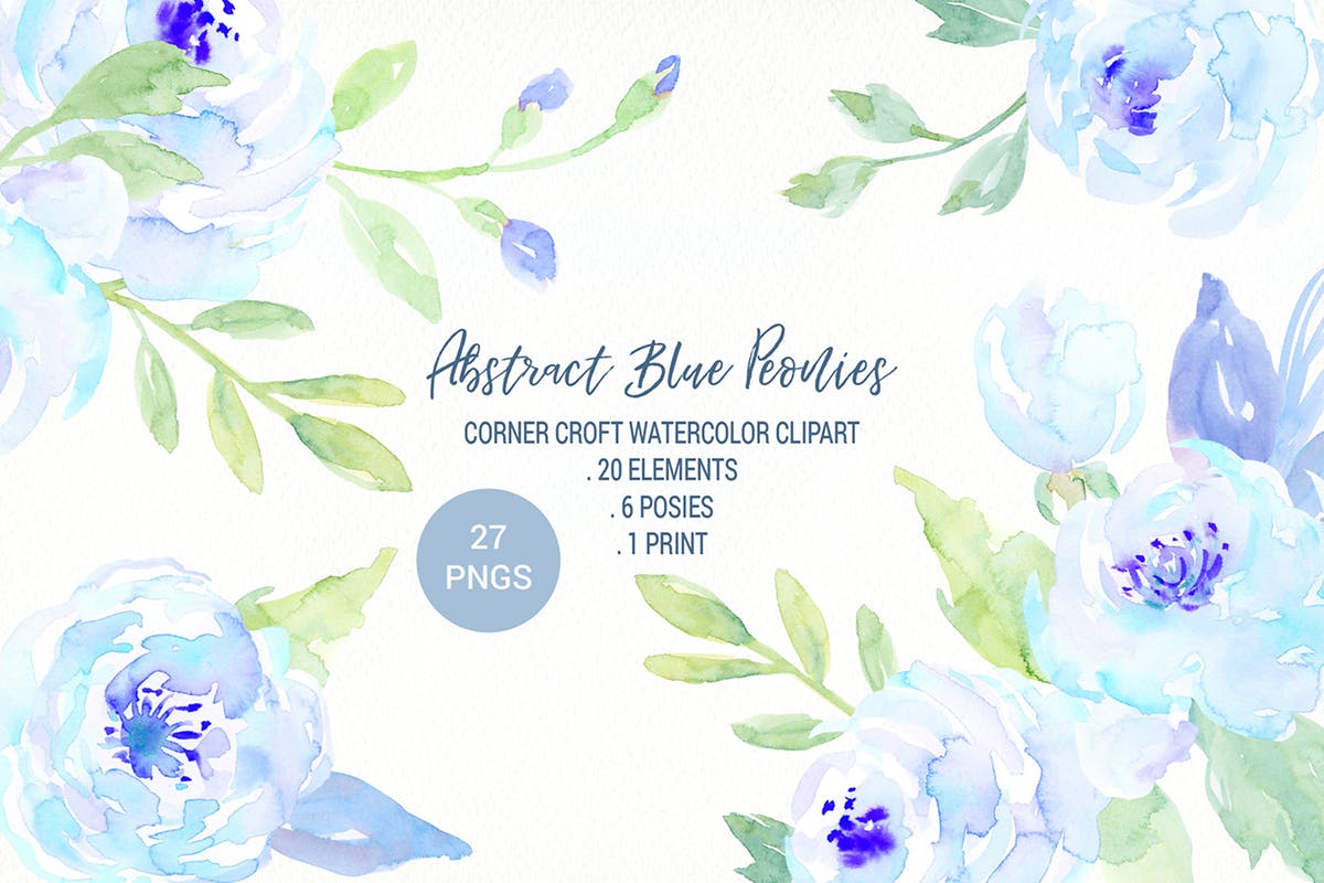 蓝色牡丹水彩系列插画合集 Watercolor Blue Peony Collection插图