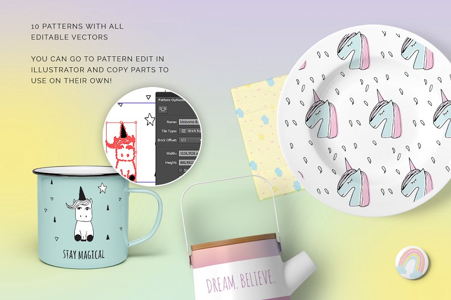 独角兽与彩虹矢量图案纹理 Unicorns & Rainbows Vector Patterns插图(2)