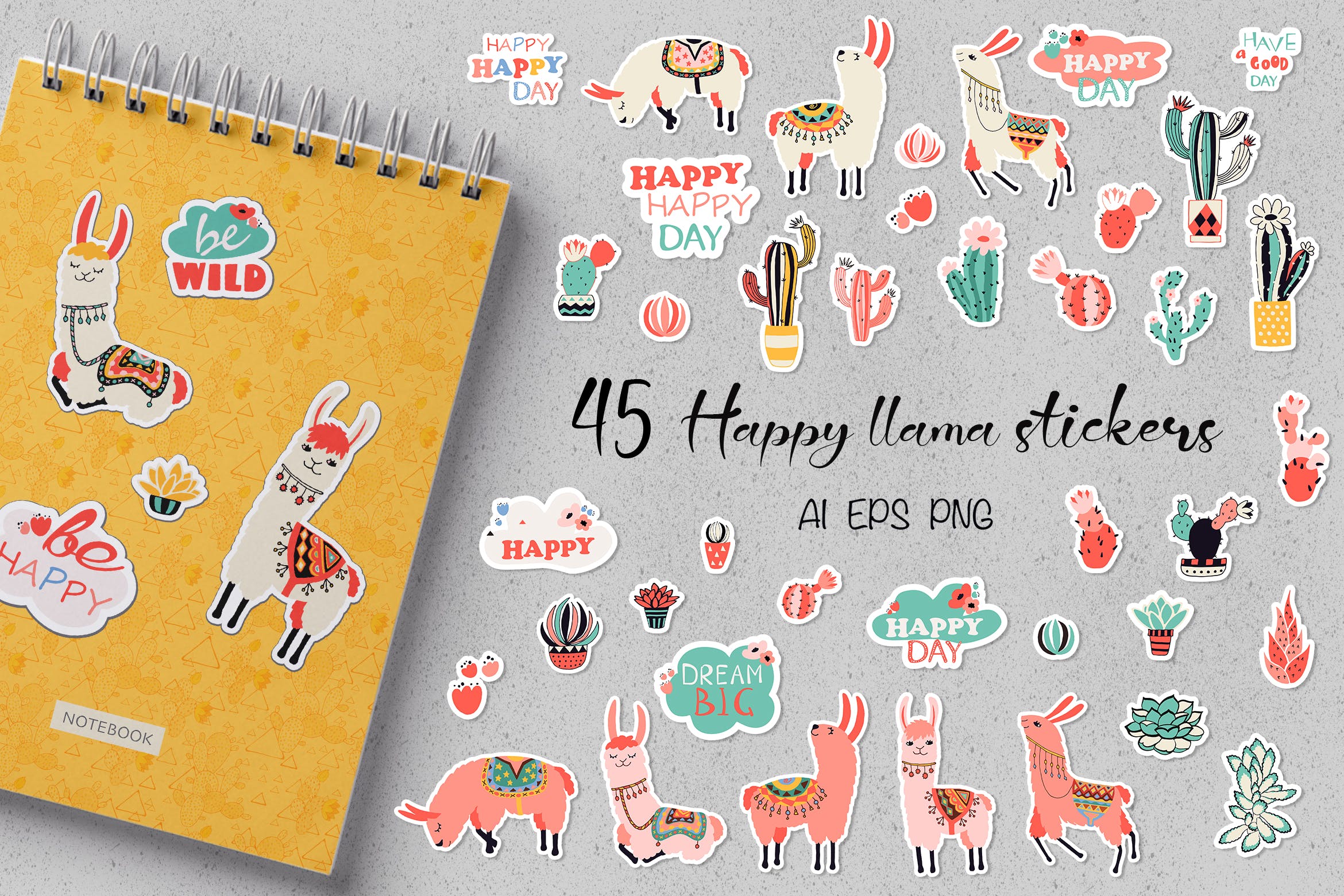 快乐的骆驼/羊驼动物贴纸剪纸图案素材 Happy Llama Stickers插图