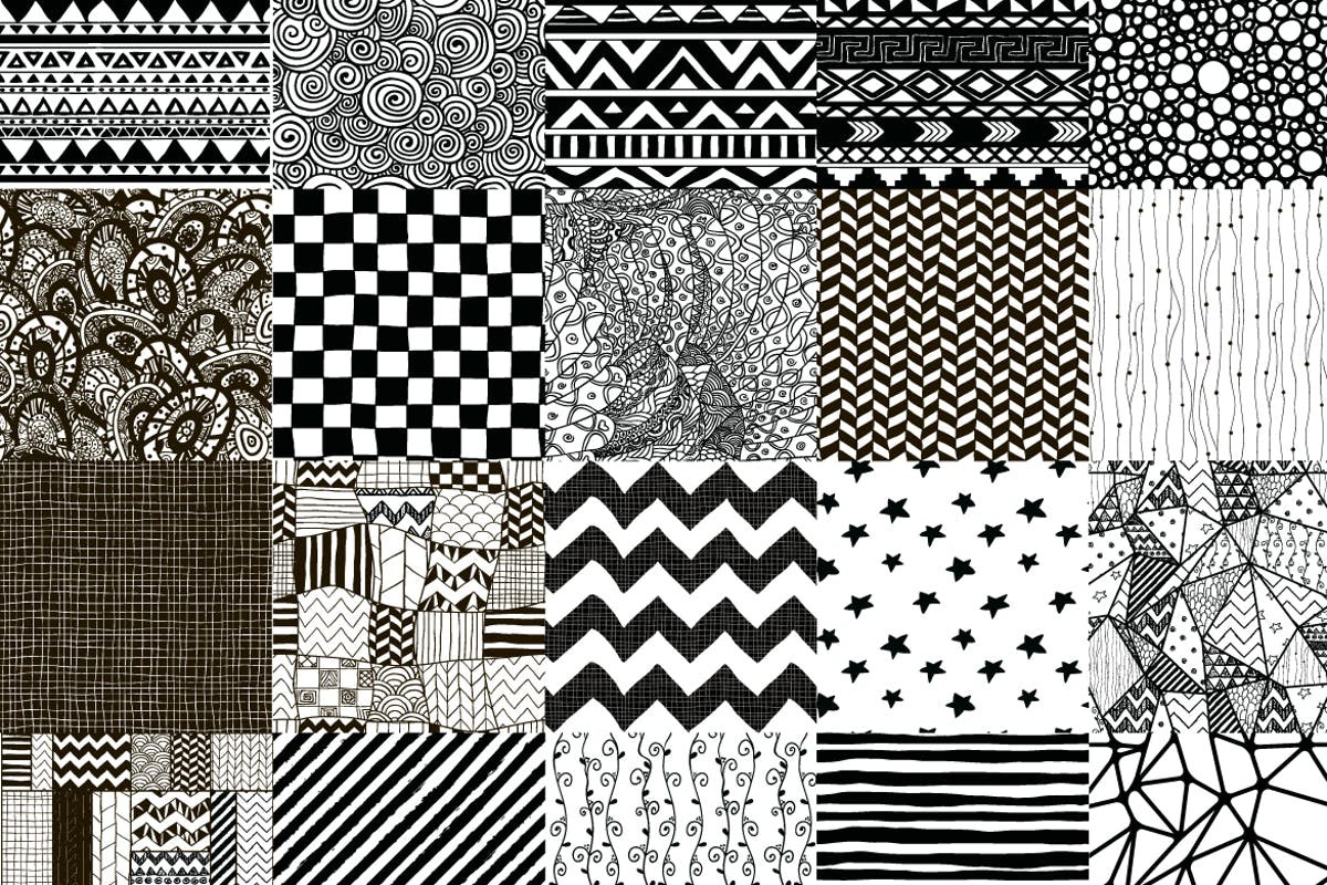 50款黑色手绘无缝印花图案 50 Black Hand-Drawn Seamless Patterns插图