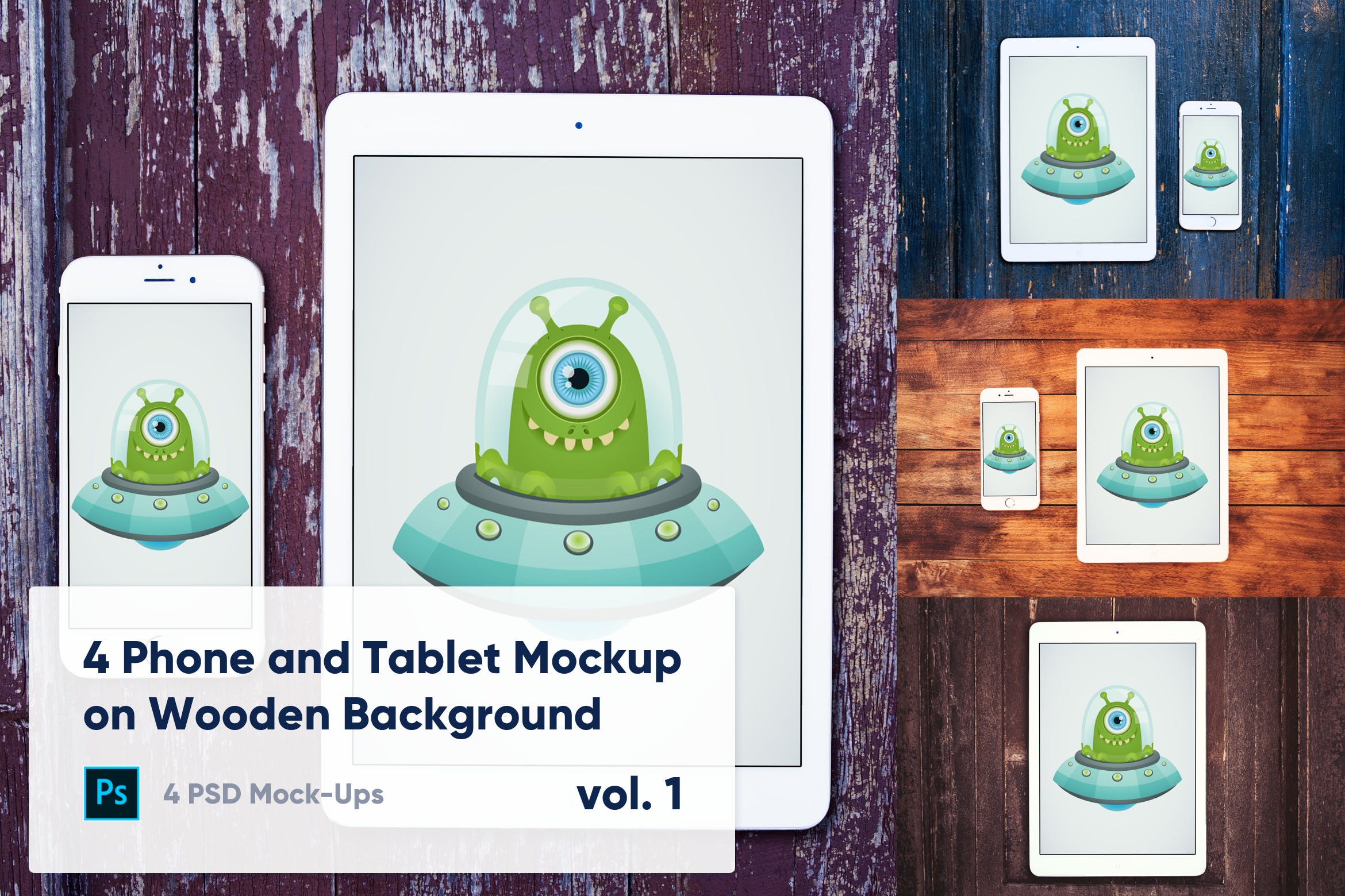 木制背景平板电脑&手机素材库精选样机模板v1 4 Tablet & Phone Mockup on Wooden Background Vol.1插图