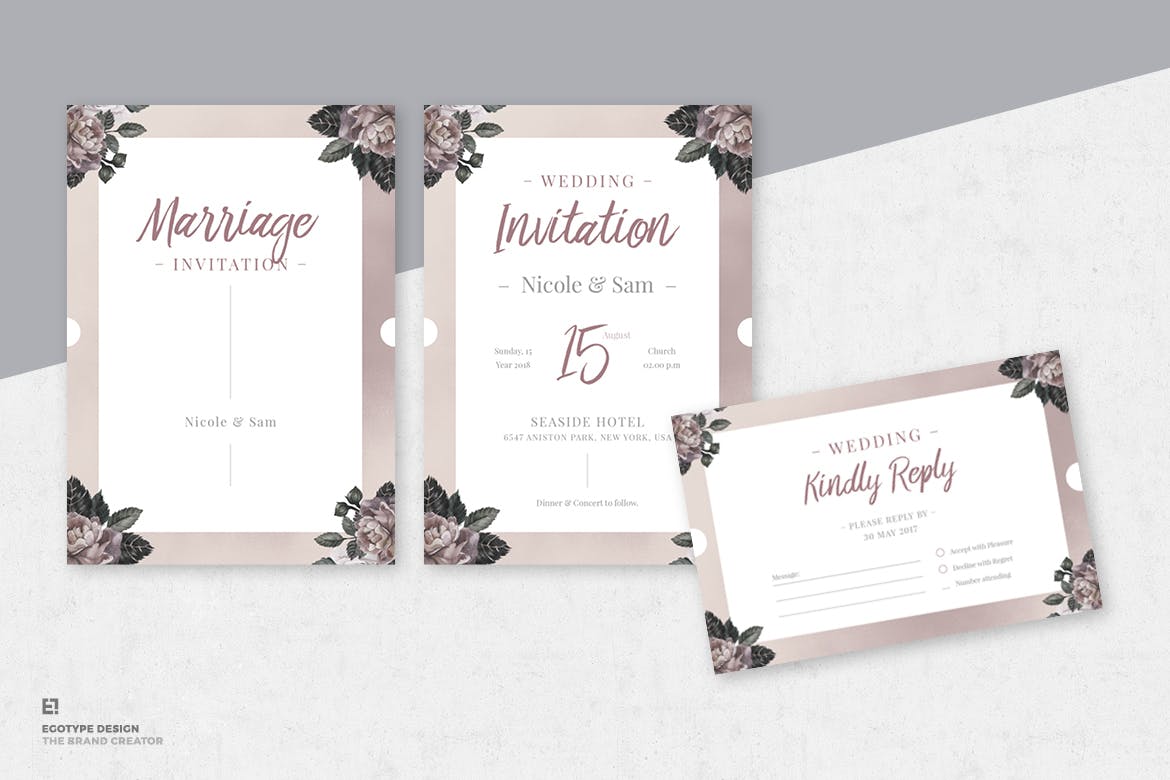 手绘花卉图案装饰风格婚礼邀请设计素材包 Floral Wedding Invitation Suite插图(1)