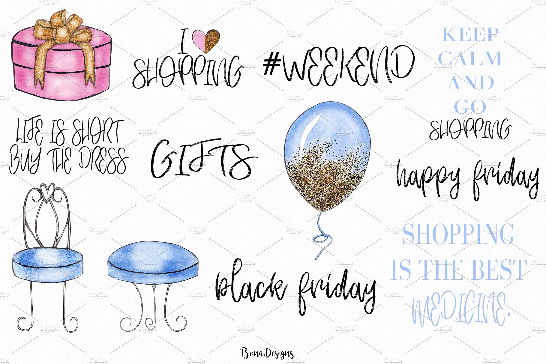 水彩风格的时尚购物剪贴画合辑下载[png]插图