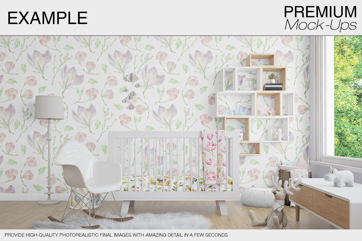 高品质的婴儿床 & 90个相框展示样机下载 Nursery Crib Wall & 90 Frames [psd]插图(3)