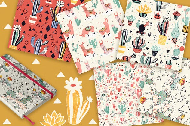 美洲驼和仙人掌水彩剪贴画&纹理 Llamas and Cacti插图(5)