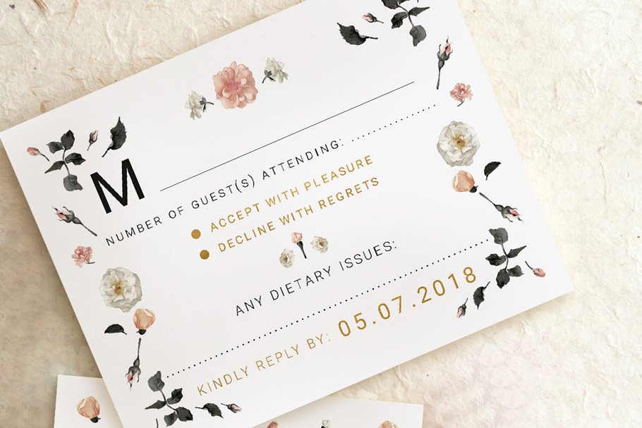 玫瑰金花卉婚礼邀请函设计套装 Rose Gold Wedding Invitation Suite插图(1)