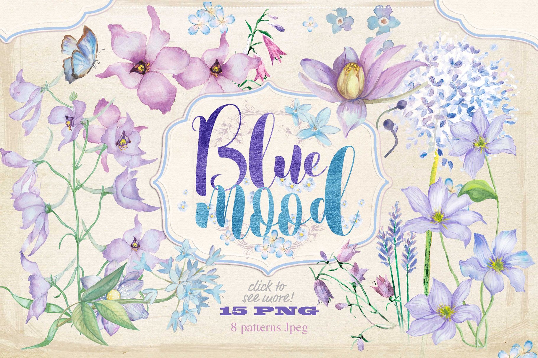 蓝色手绘水彩花卉插画素材合集 Floral collection "Blue mood"插图